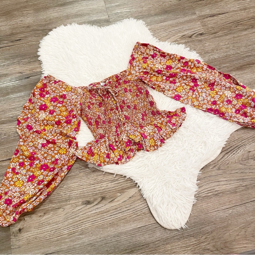 Patrons of Peace Floral Smock Crop Top Boho XS Ditsy Balloon Sleeve Cottagecore